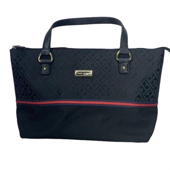 Tommy Hilfiger Black Patterned Zippered Handbag Shoulder Purse - Picture 1 of 7